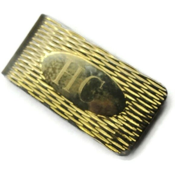 Monogrammed Money Clip "H.C."  Gold Tone Wallet Credit Card Cash ID Holder - Picture 1 of 5